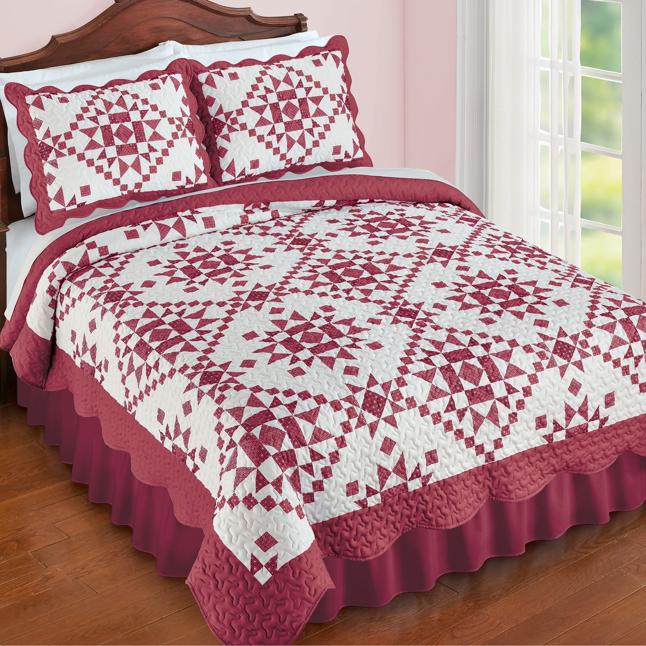 Collections Etc Classic Star Design Patchwork Scalloped Edge Quilt Burgundy - King