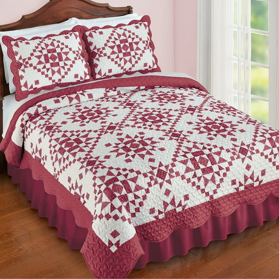 Collections Etc Classic Star Design Patchwork Scalloped Edge Quilt Burgundy - Twin