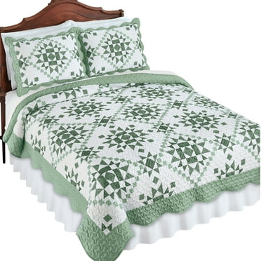 Collections Etc Classic Star Design Patchwork Scalloped Edge Quilt Sage Twin