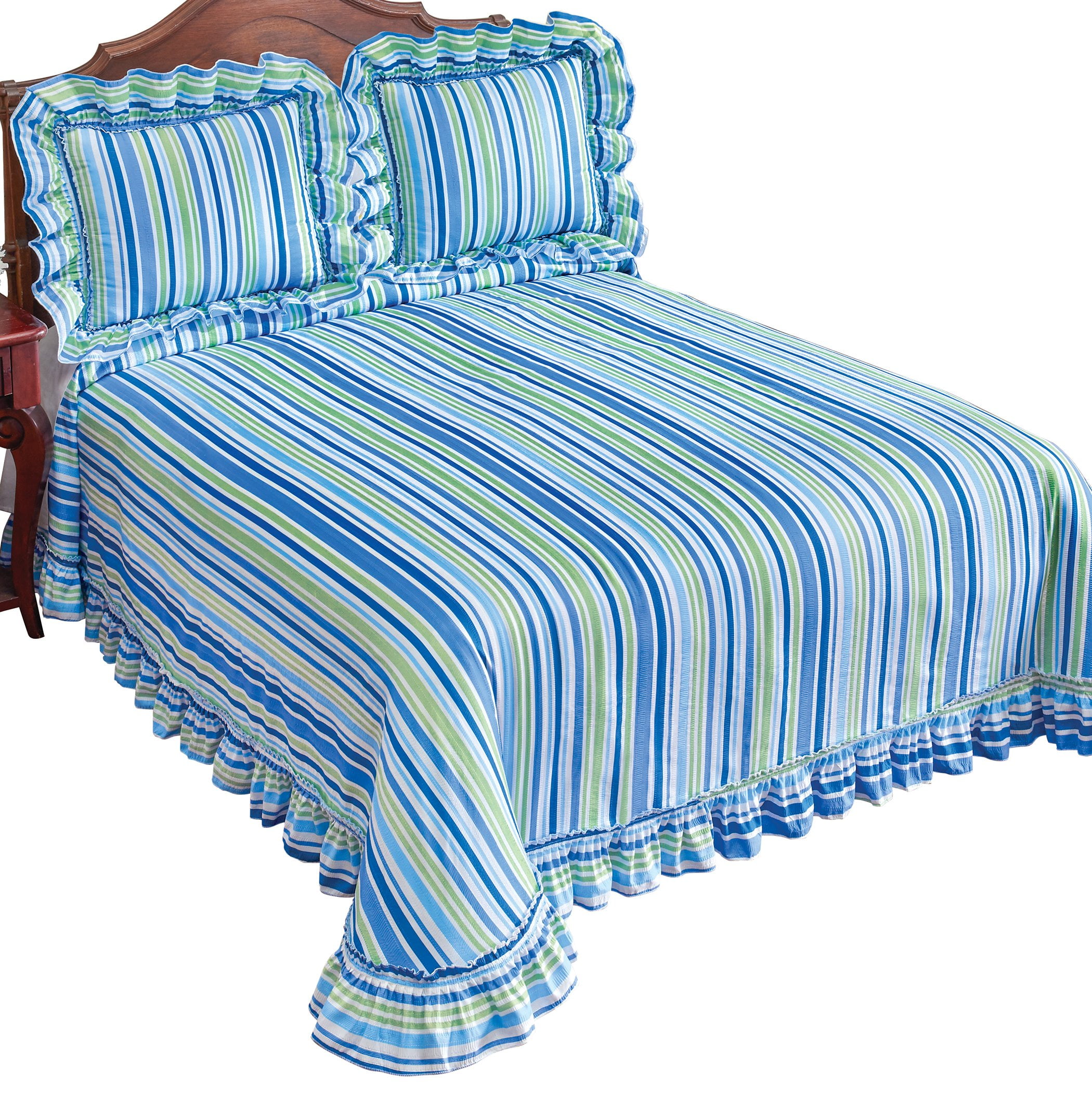 King Size Blue Cotton Striped Bedspread Set