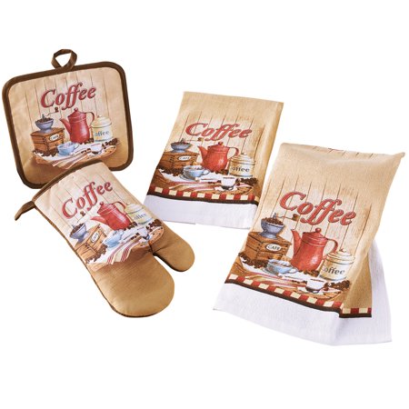 Collections Etc Coffee Lover Kitchen Set Includes an Oven Mitt, Pot Holder and Two Hand Towels - Set of 4