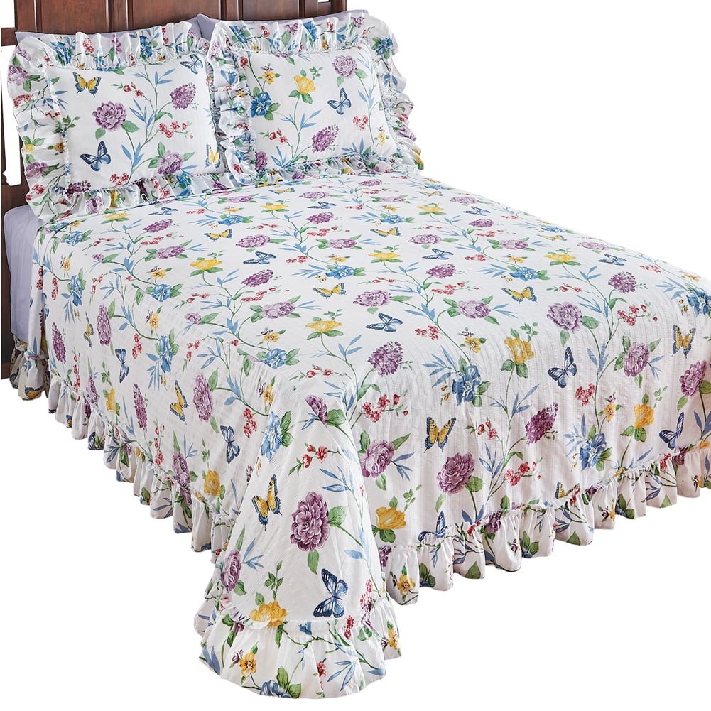 Queen Blue Cotton Floral Bedspread Set with Ruffled Edges