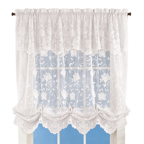 Collections Etc Collections Floral Sheer Lace Tie-up Balloon Shade Window Curtain with Scalloped Edges and Rod Pocket Top for Easy Hanging, White