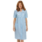 Collections Etc Collections Women's Etc. Gingham Women's Robe with Floral Accents, Snap-Front Closure and Lace Trim, Blue, Large