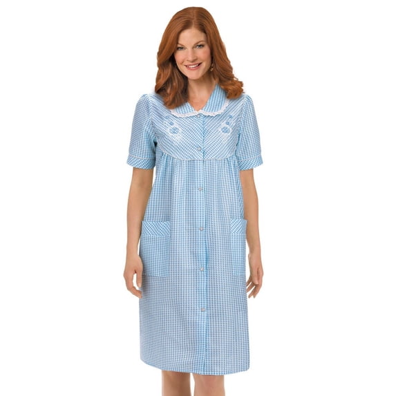Collections Etc. Women's Gingham Robe with Floral Accents, Snap-Front Closure and Lace Trim, Blue, Large