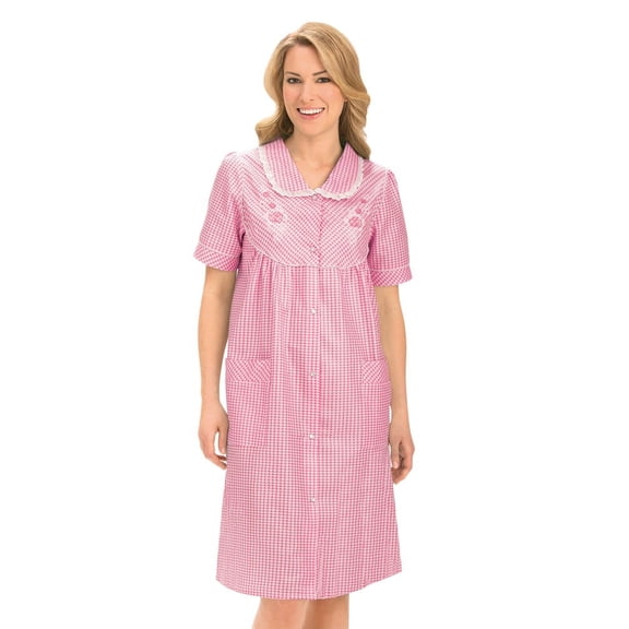 Collections Etc Collections Women's Etc. Gingham Women's Robe with Floral Accents, Snap-Front Closure and Lace Trim, Pink, Large