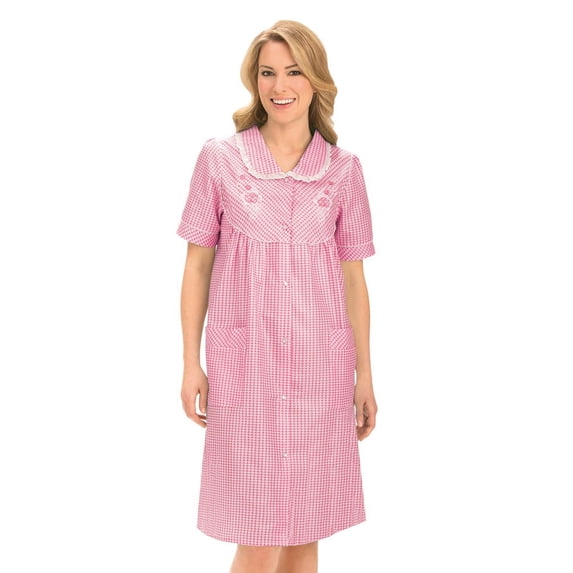 Collections Etc Collections Women's Etc. Gingham Women's Robe with Floral Accents, Snap-Front Closure and Lace Trim, Pink, Medium