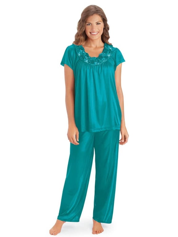 Collections Etc Collections Women's Rose Trim Short Sleeve Pajama Set Misses Teal Xx-Large, Teal, Xx-Large