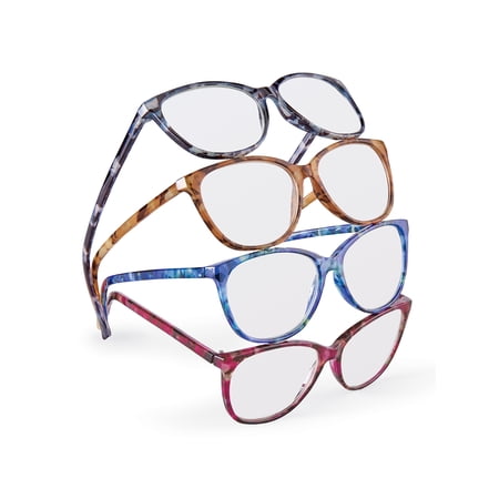 Collections Etc Colorful Fashion Tortoise Shell Reader Glasses - Set of 4 | Precision-Crafted | 8 Magnifications | Grey, Brown, Blue, and Red | Polycarbonate, Plastic