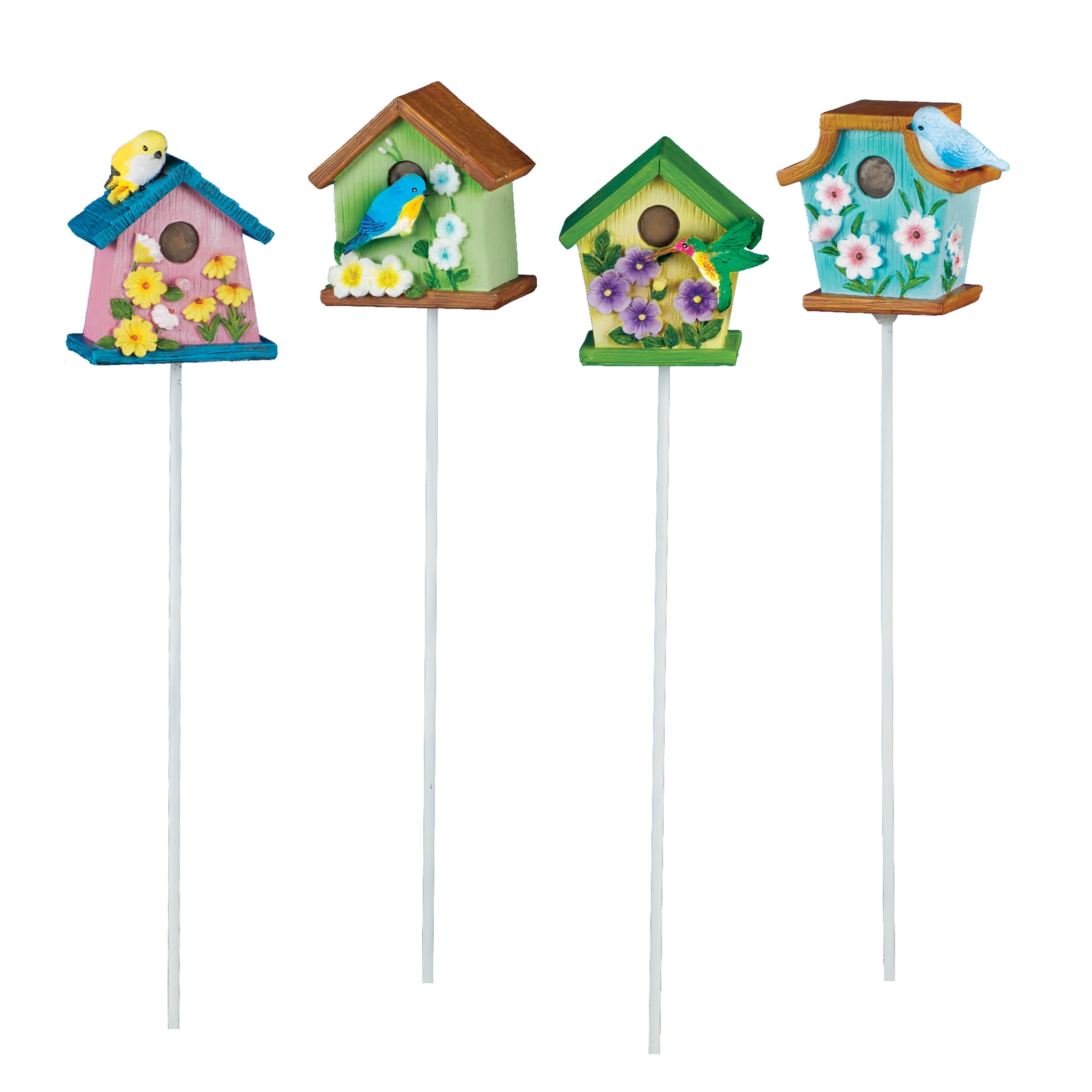 Colorful Hand-Painted Resin Birdhouse Garden Stakes Set of 4