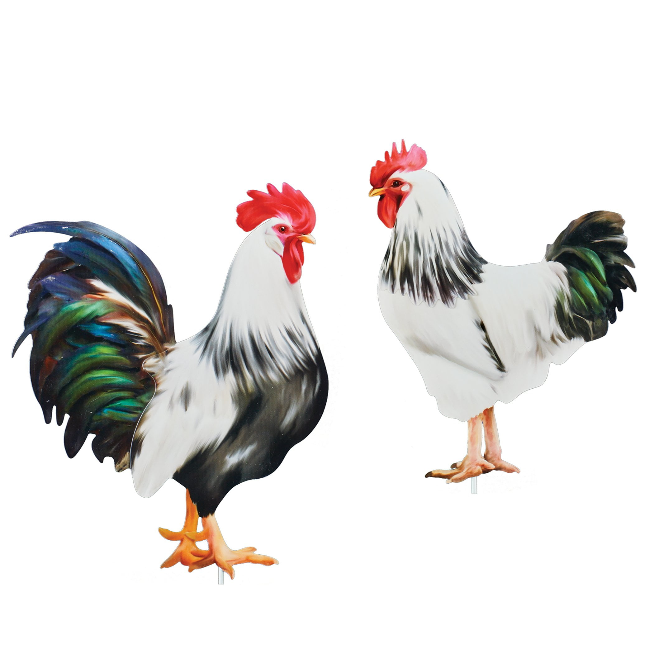 Colorful Realistic Iron Barnyard Rooster Garden Stakes - Set of 2