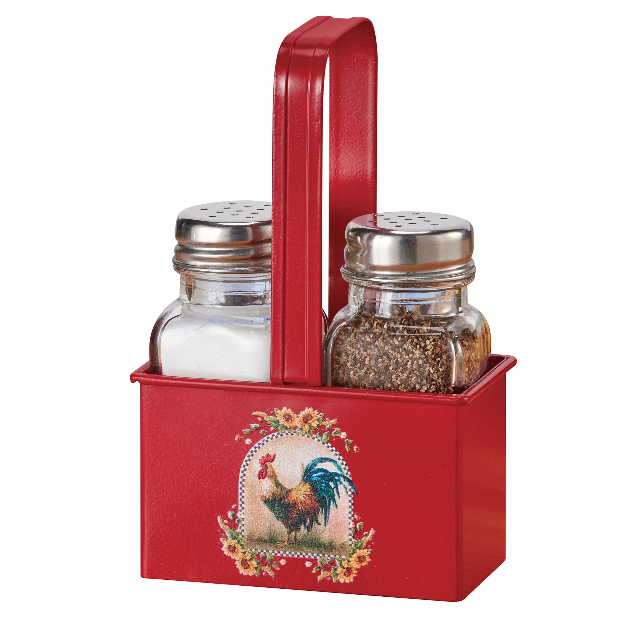 Red Metal Rooster Salt & Pepper Shaker Set with Glass Containers