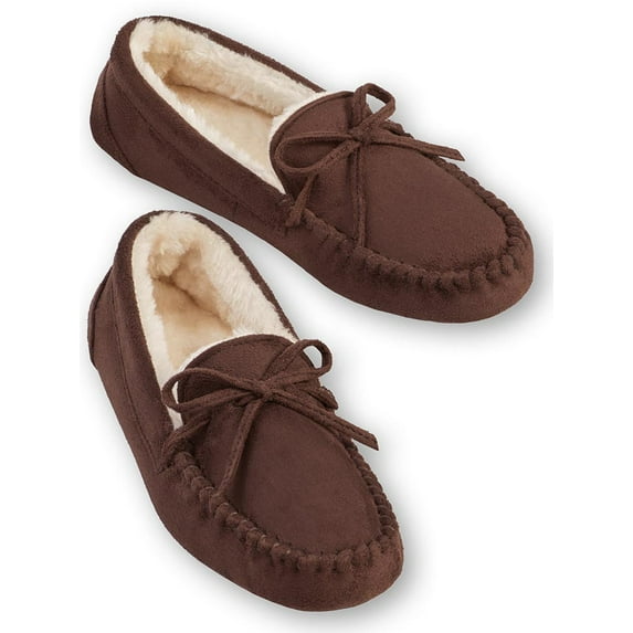 Collections Etc Cozy Faux Suede Plush Lined Moccasin Slippers for Indoor or Outdoor Use with Skid-Resistant Soles