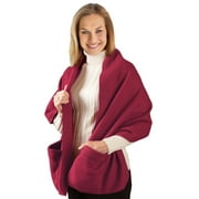 Collections Etc Cozy Fleece Wrap Shawl With Large Front Pockets - Keeps Hands and Shoulders Warm During Cold Winter Season, Burgundy