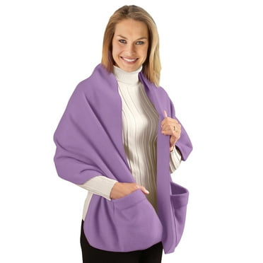 Collections Etc Cozy Fleece Wrap Shawl With Large Front Pockets - Keeps Hands and Shoulders Warm During Cold Winter Season, Lavender
