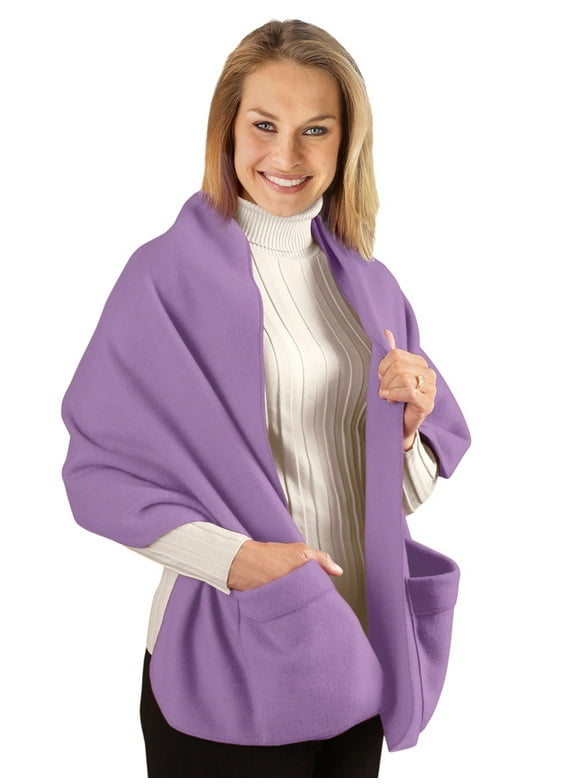 Collections Etc Cozy Fleece Wrap Shawl With Large Front Pockets - Keeps Hands and Shoulders Warm During Cold Winter Season, Lavender