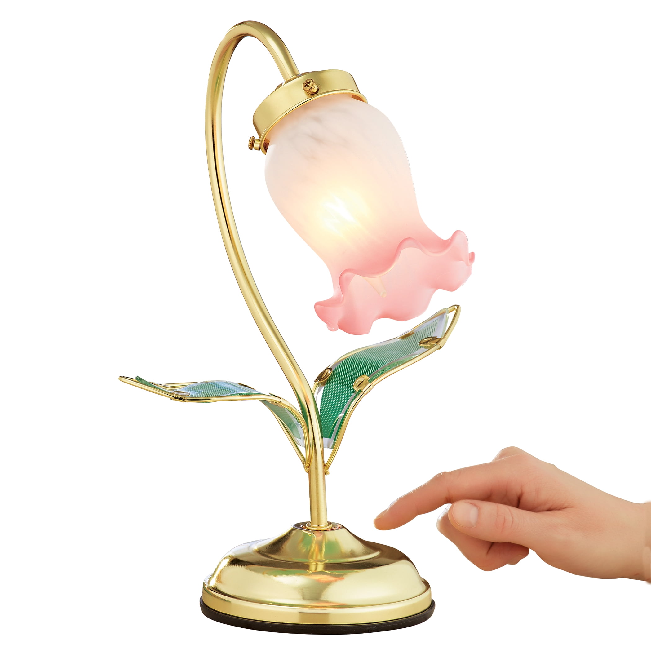 Pink and Gold Flower Shaped Touch Lamp with Glass Leaves