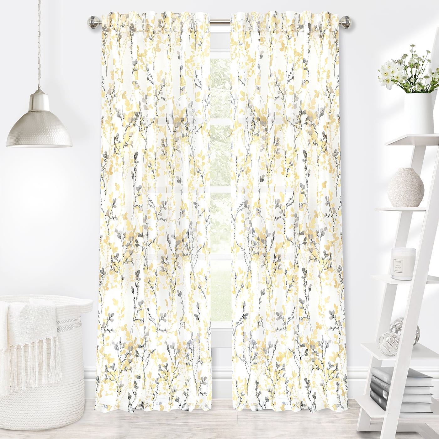 Misty Maize Floral Semi-Sheer 52" x 63" Window Curtain Panel