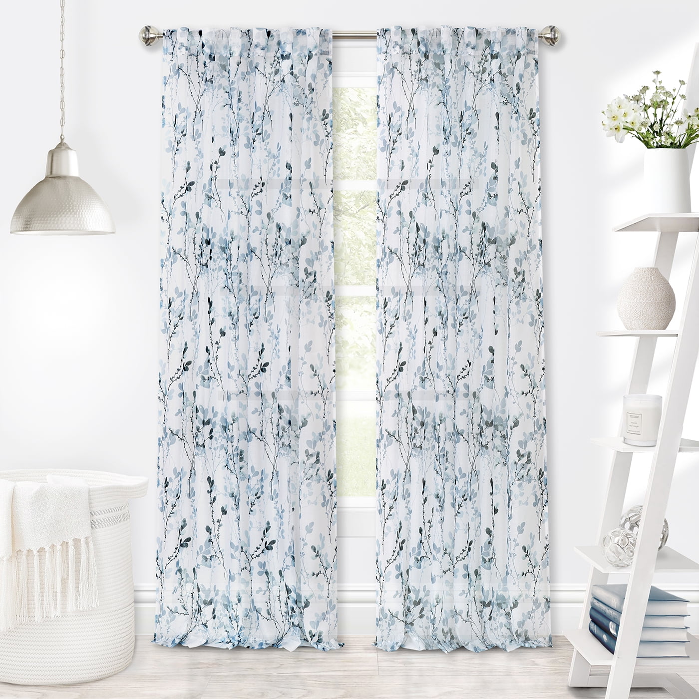 Teal Floral Semi-Sheer Linen-Blend Back Tab Curtain Panel
