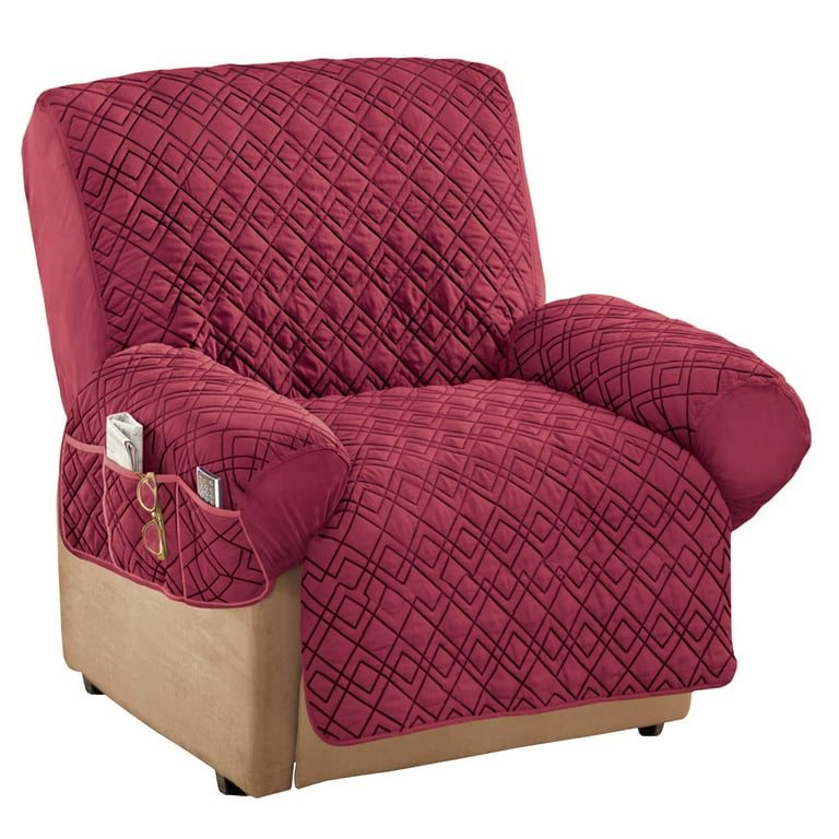 Collections Etc Diamond Shape Quilted Stretch Recliner Cover with Storage Pockets and Elastic Straps Furniture Protector Burgundy Recliner