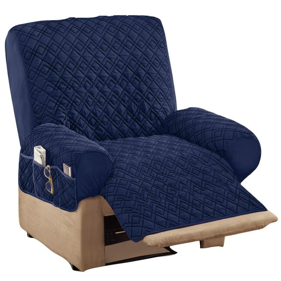 Collections Etc Diamond-Shape Quilted Stretch Recliner Cover with Storage Pockets and Elastic Straps - Furniture Protector