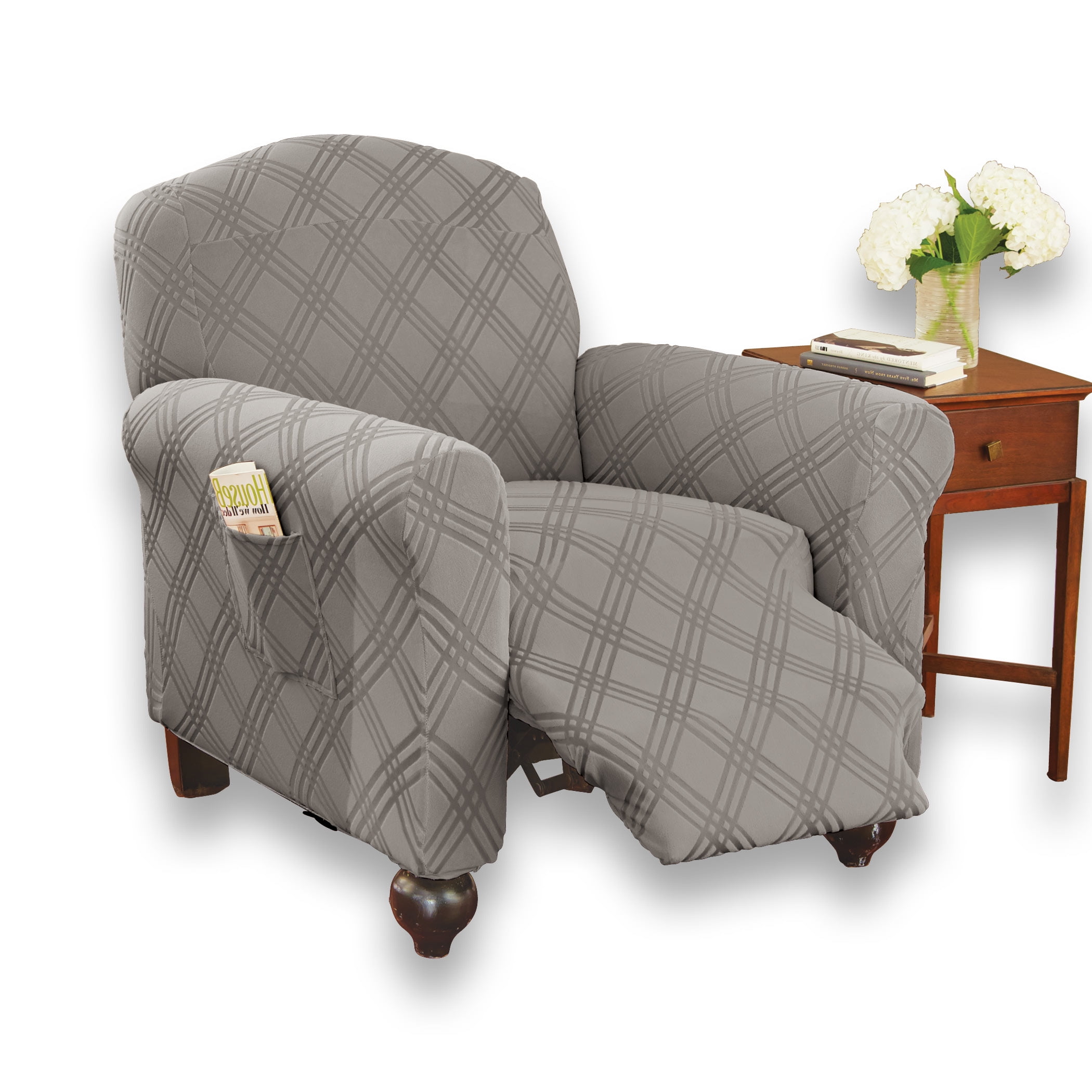Collections etc diamond quilted stretch recliner cover with storage hot sale