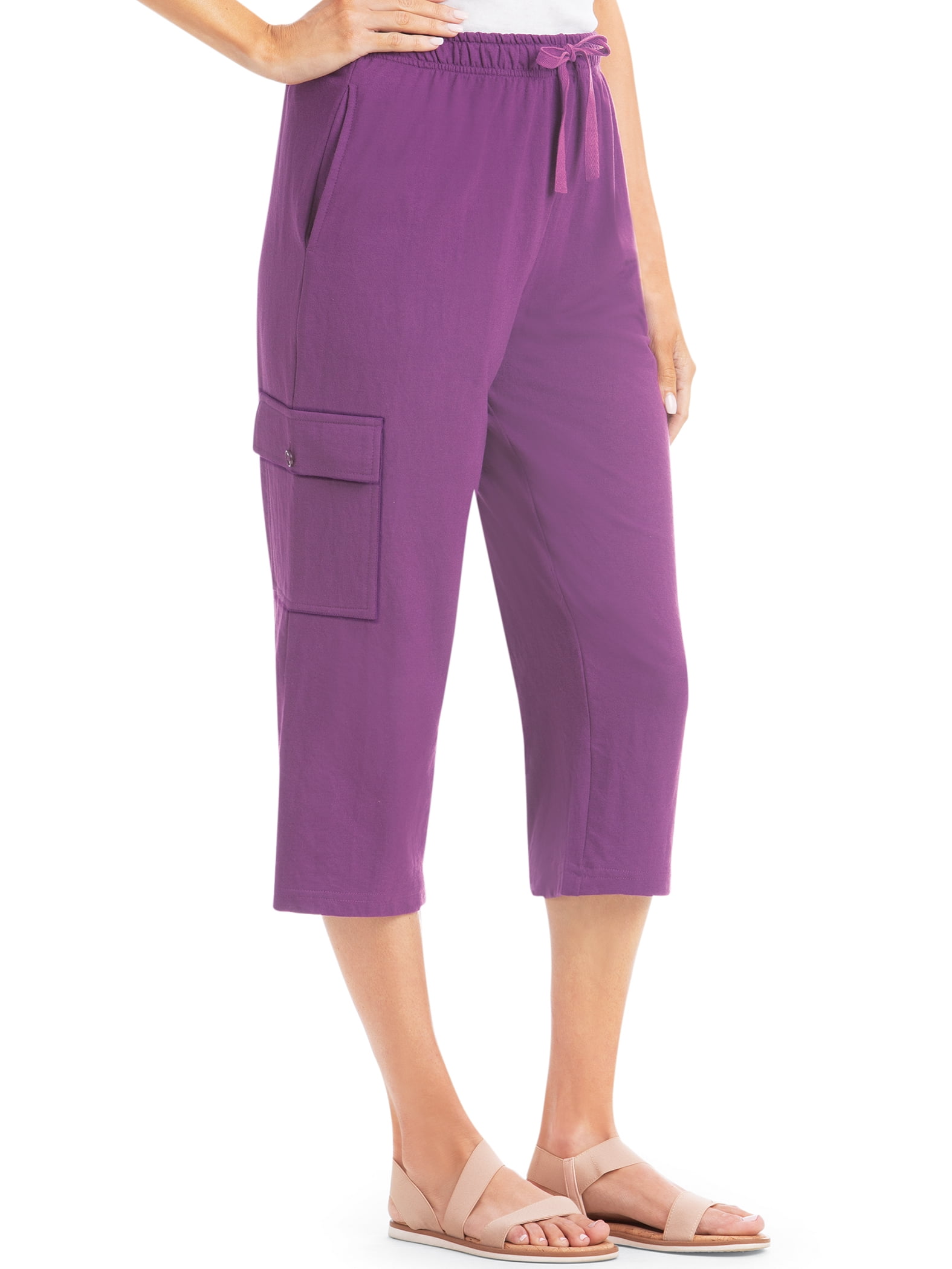 Collections Etc Drawstring Cargo Pocket Knit Casual Capri Pants