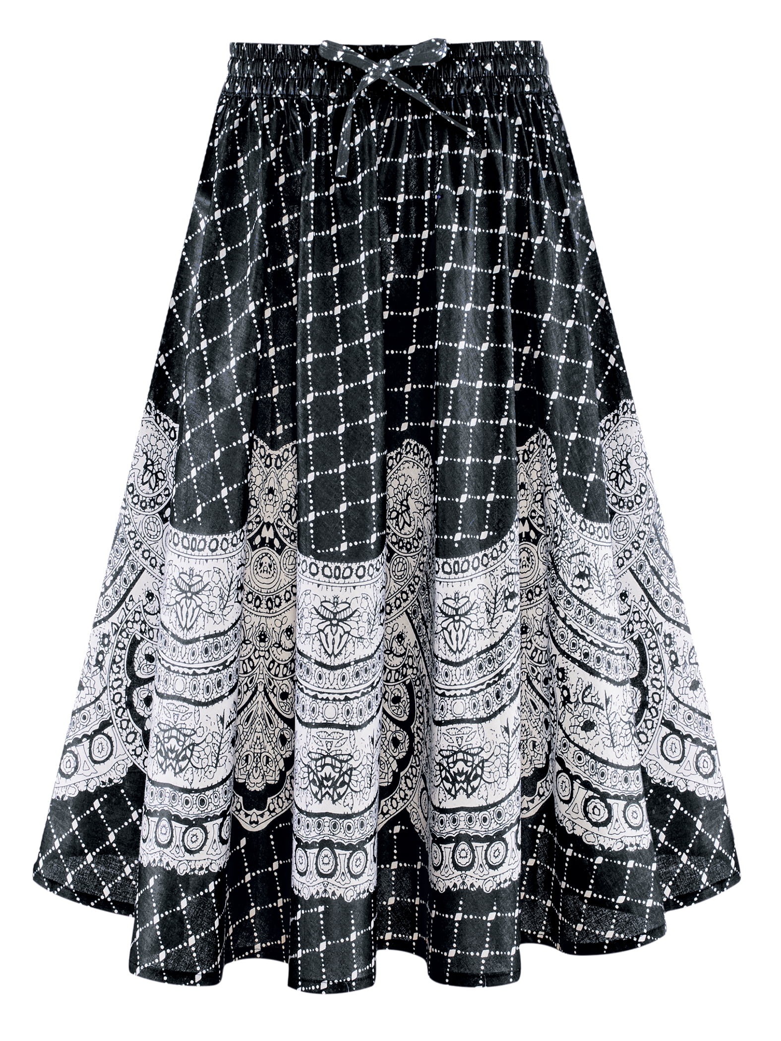 Collections Etc Elastic Drawstring Medallion Border Print Circle Skirt Machine Wash Cotton Royal Blue or Black Walmart