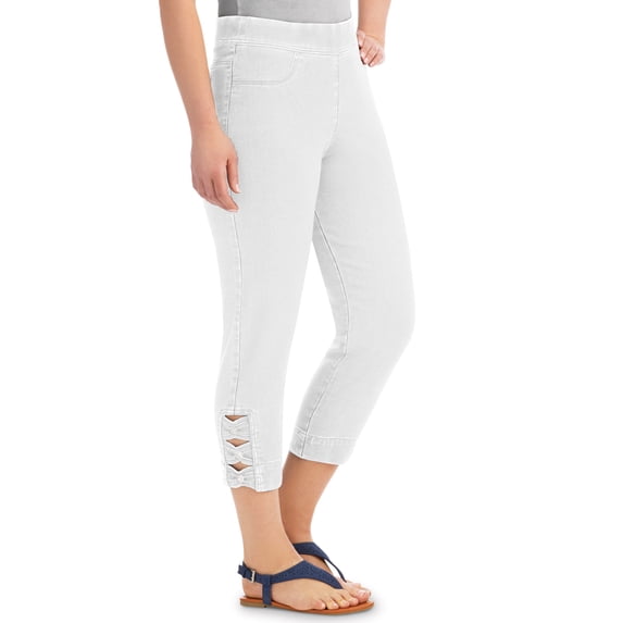 Collections Etc Elastic Waist Pull-on Denim Capri Jean Pants with Decorative Button Detail