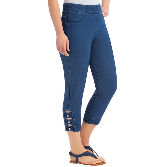 Collections Etc Elastic Waist Pull-on Denim Capri Jean Pants with Decorative Button Detail