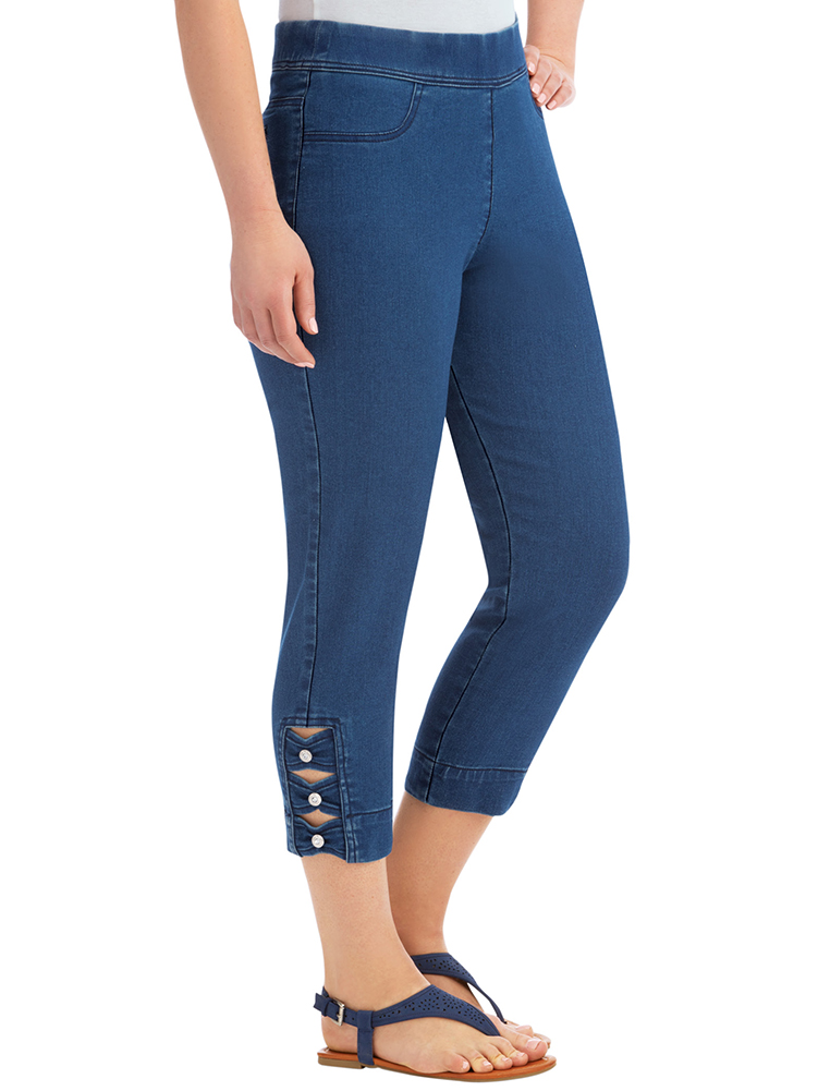 Collections Etc Elastic Waist Pull-on Denim Capri Jean Pants with Decorative Button Detail - image 1 of 4