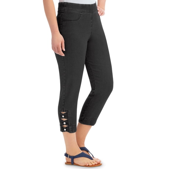 Collections Etc Elastic Waist Pull-on Denim Capri Jean Pants with Decorative Button Detail