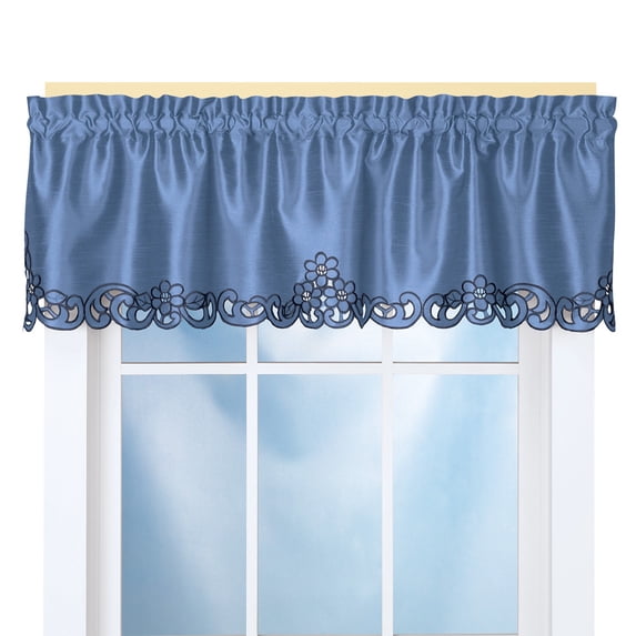 Collections Etc Elegance Scroll Embroidered Cut-Out Window Valance with Rod Pocket Top for Easy Hanging, 58" W x 13" L, Blue