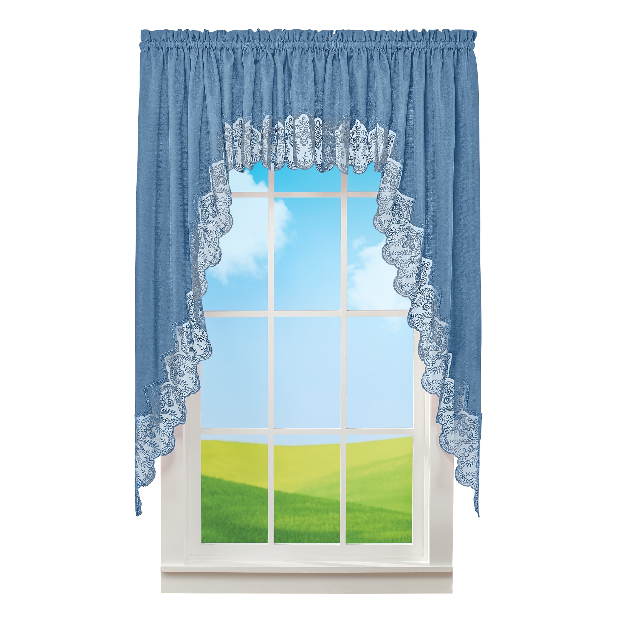 Collections Etc Elegant Lace Border Trim & Solid-Color Window Curtain Sage Swags