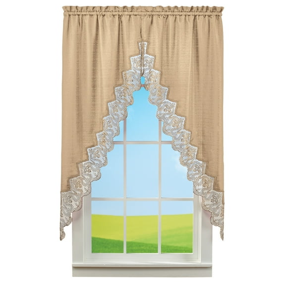 Collections Etc Elegant Lace Border Trim & Solid-Color Window Curtain Taupe Swags