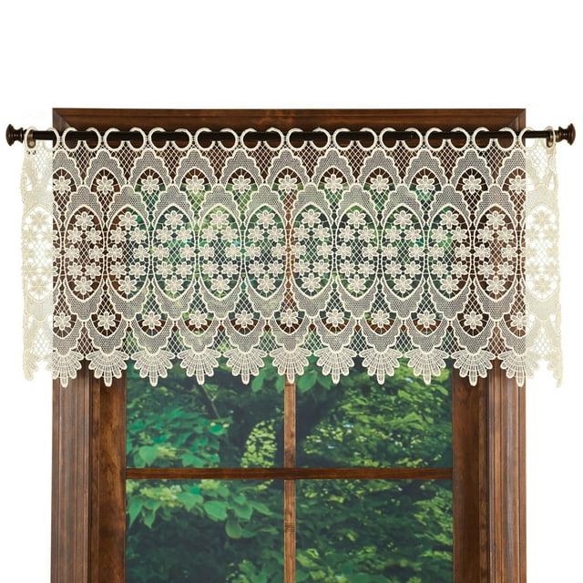 Collections Etc Elegant Macrame Lace Light Filtering Valance with Scalloped Borders and Loops at The top for Easy Hanging, Ivory