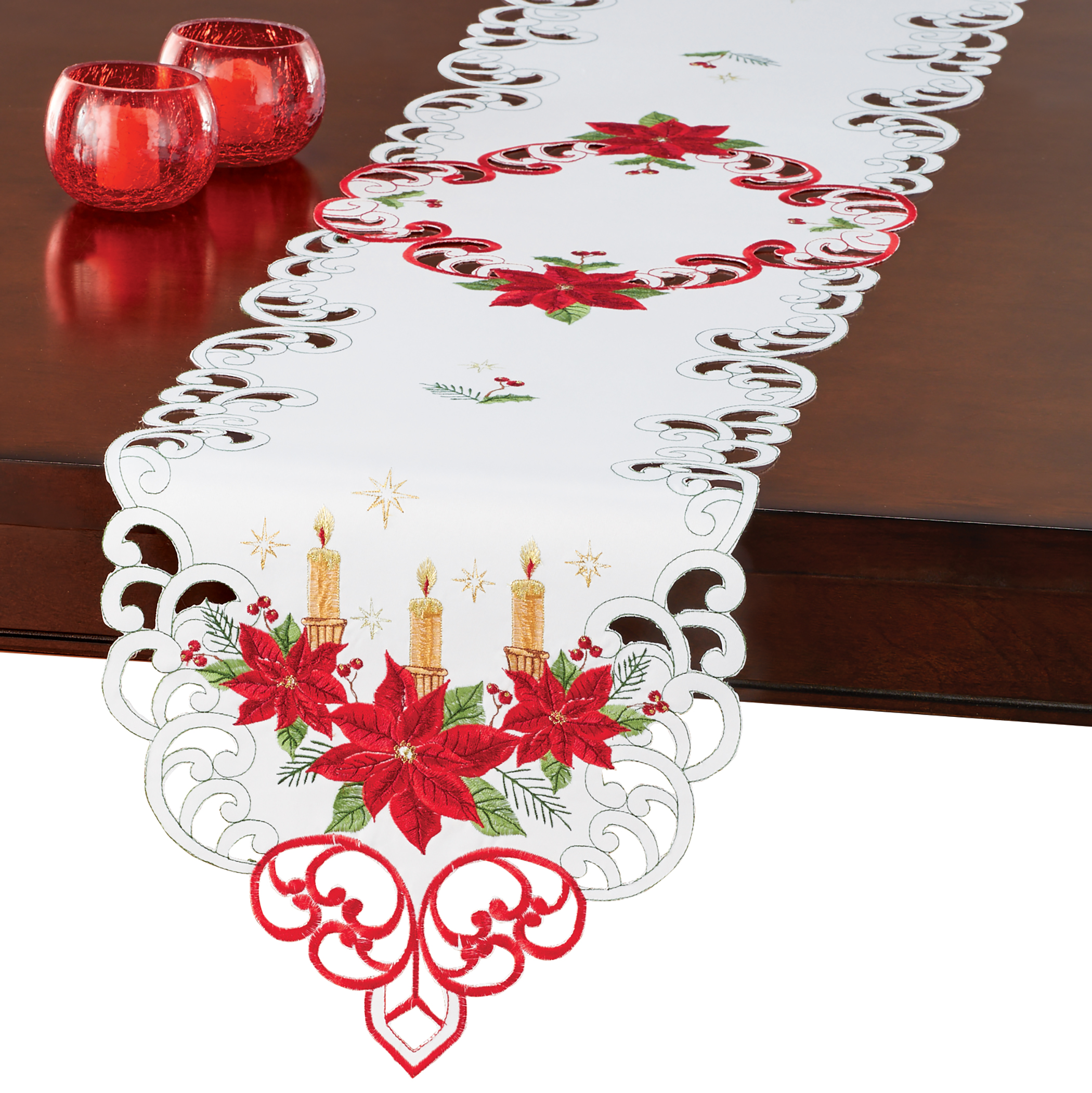 Collections Etc Elegant Poinsettias with Candles Embroidered Christmas