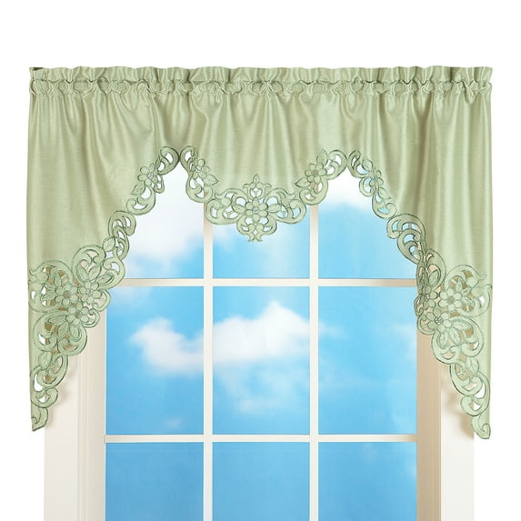 Collections Etc Elegant Scalloped Design Cut-Out and Embroidered Scroll Window Valance with Rod Pocket Top for Easy Hanging, Sage Green, 58" X 36"