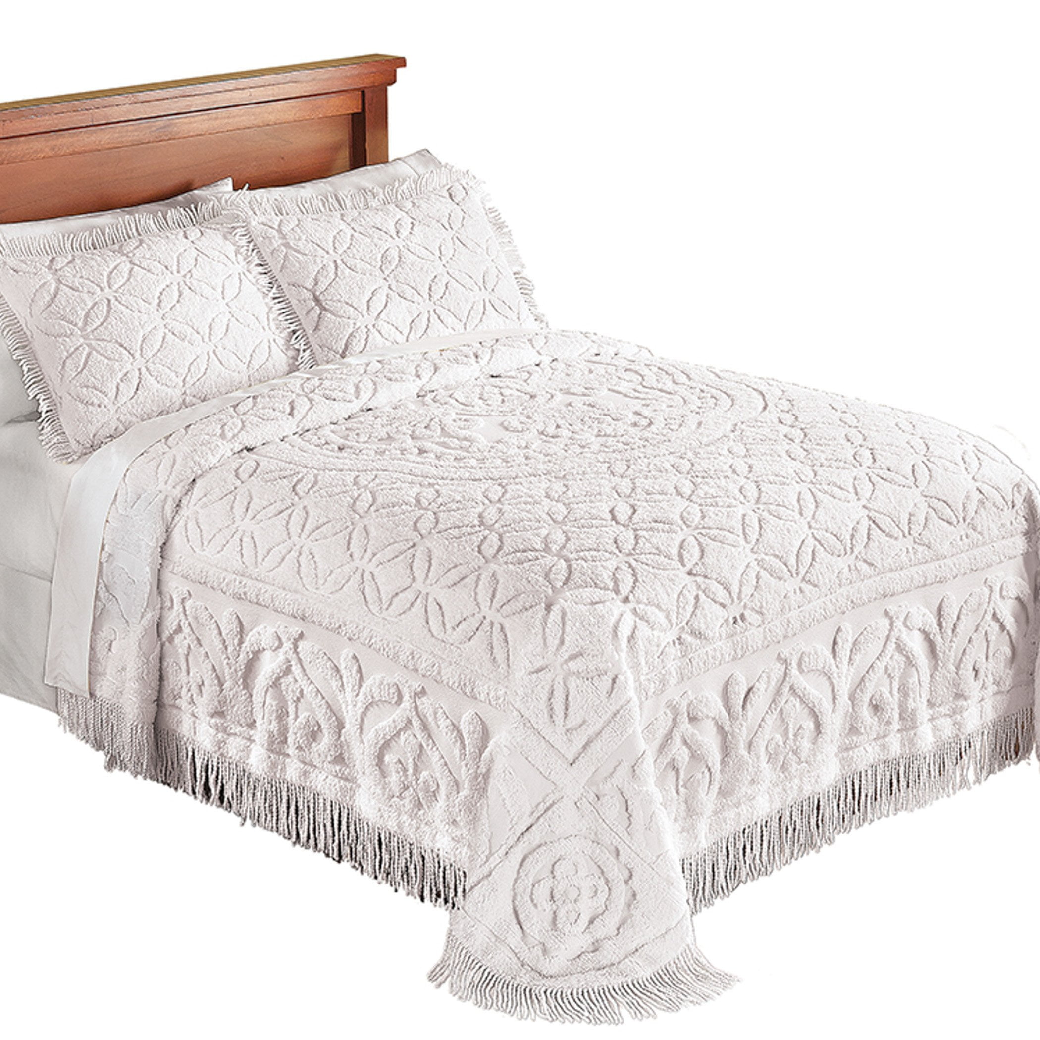Ivory Cotton Queen Bedspread Set with Fringe Border