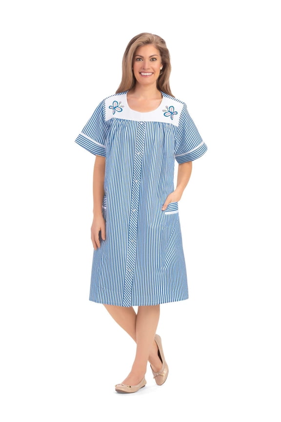 Collections Etc Embroidered Butterfly Snap-Front Short Sleeve Duster
