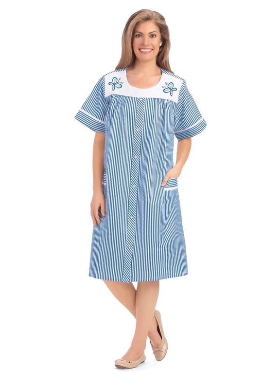 Collections Etc Embroidered Butterfly Snap-Front Short Sleeve Duster