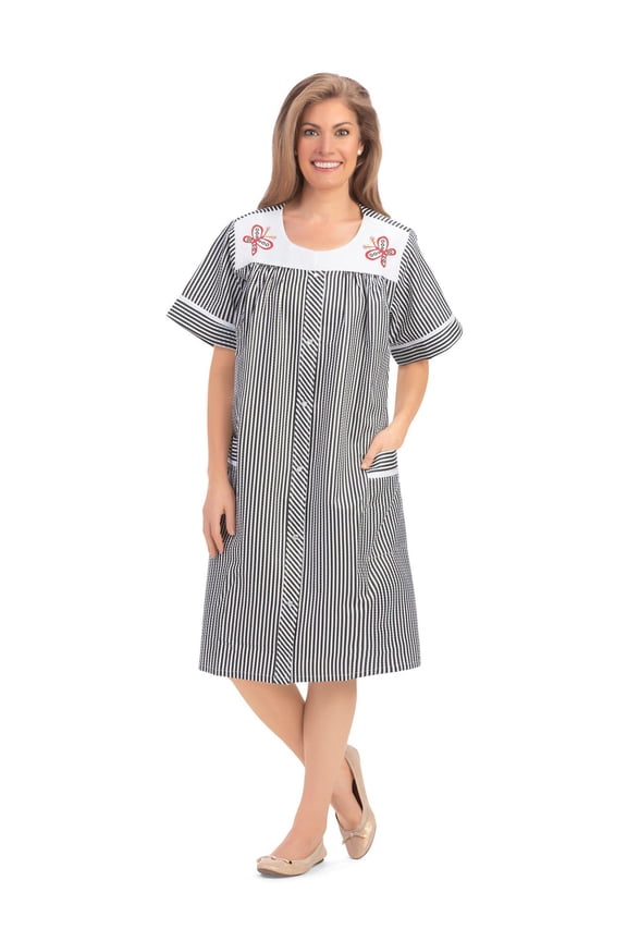 Collections Etc Embroidered Butterfly Snap-Front Short Sleeve Duster