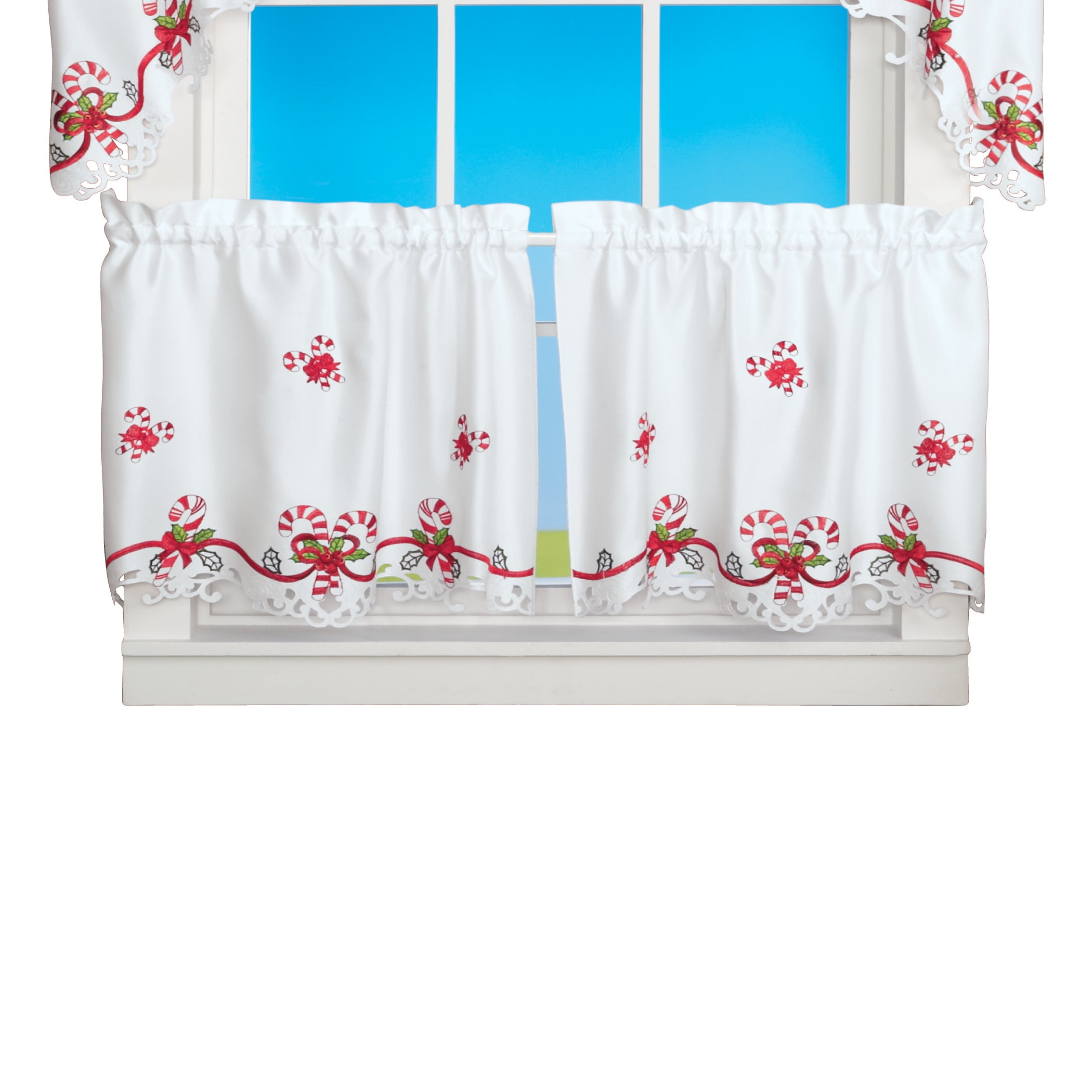 Collections Etc Embroidered Candy Cane Window Curtains with Rod Pocket