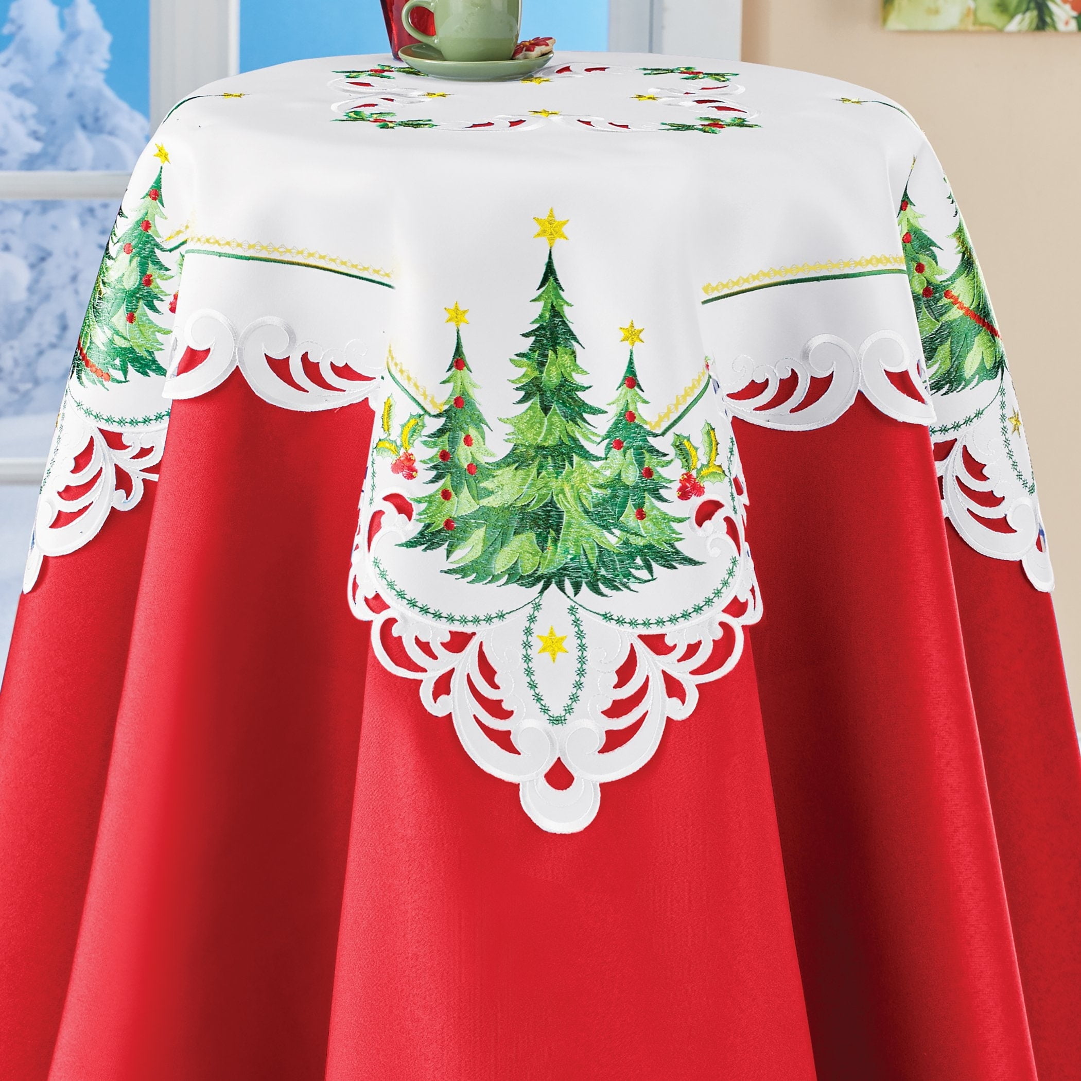 Holiday Red and White Embroidered Christmas Tablecloth