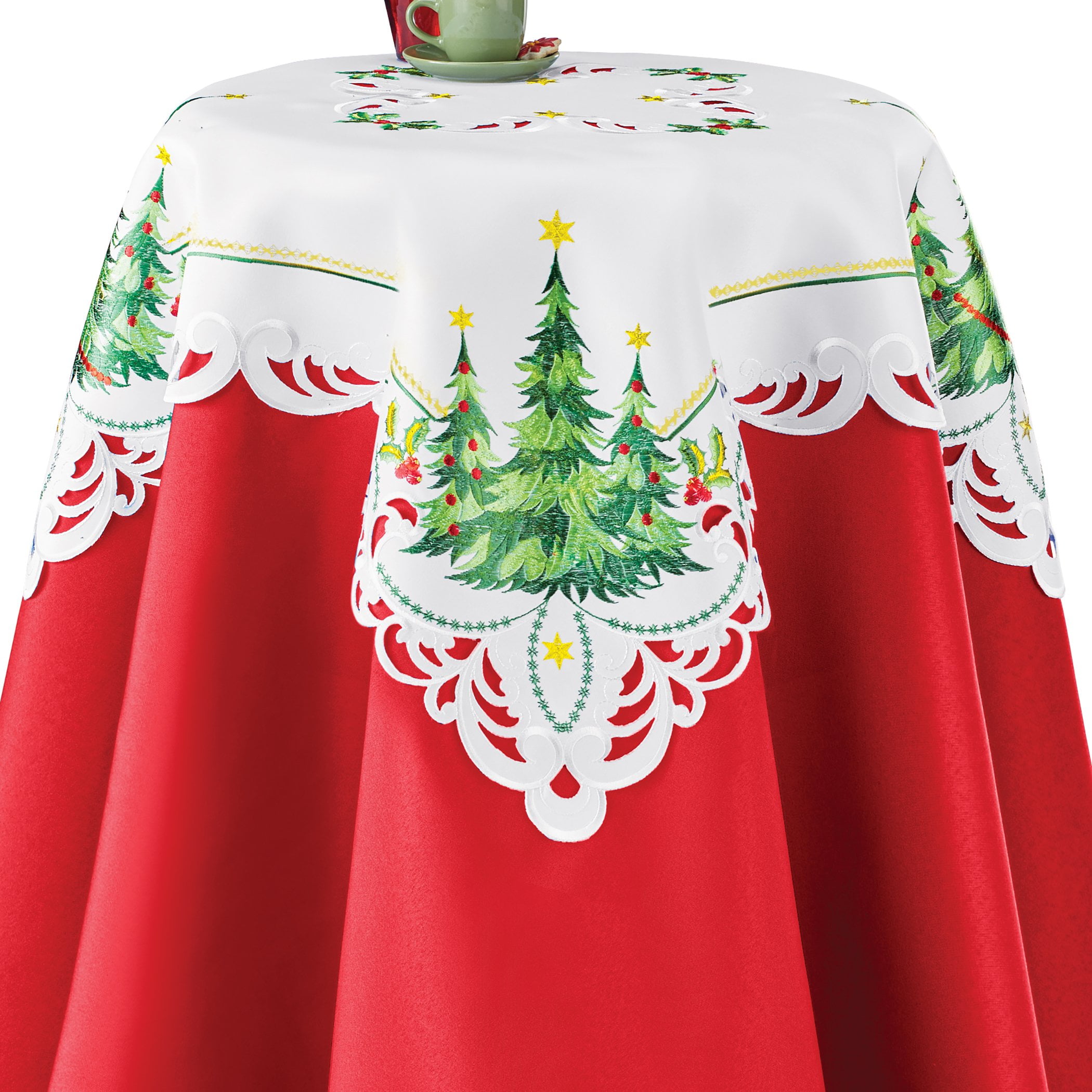 Holiday Red and White Embroidered Christmas Tablecloth