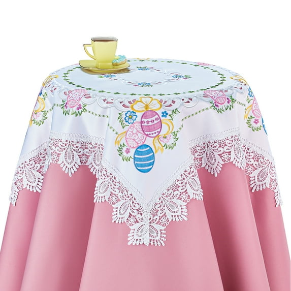 Collections Etc Embroidered Easter Eggs and Flowers Lace Table Linens, White - Festive Seasonal Holiday Home Decor - Machine Washable