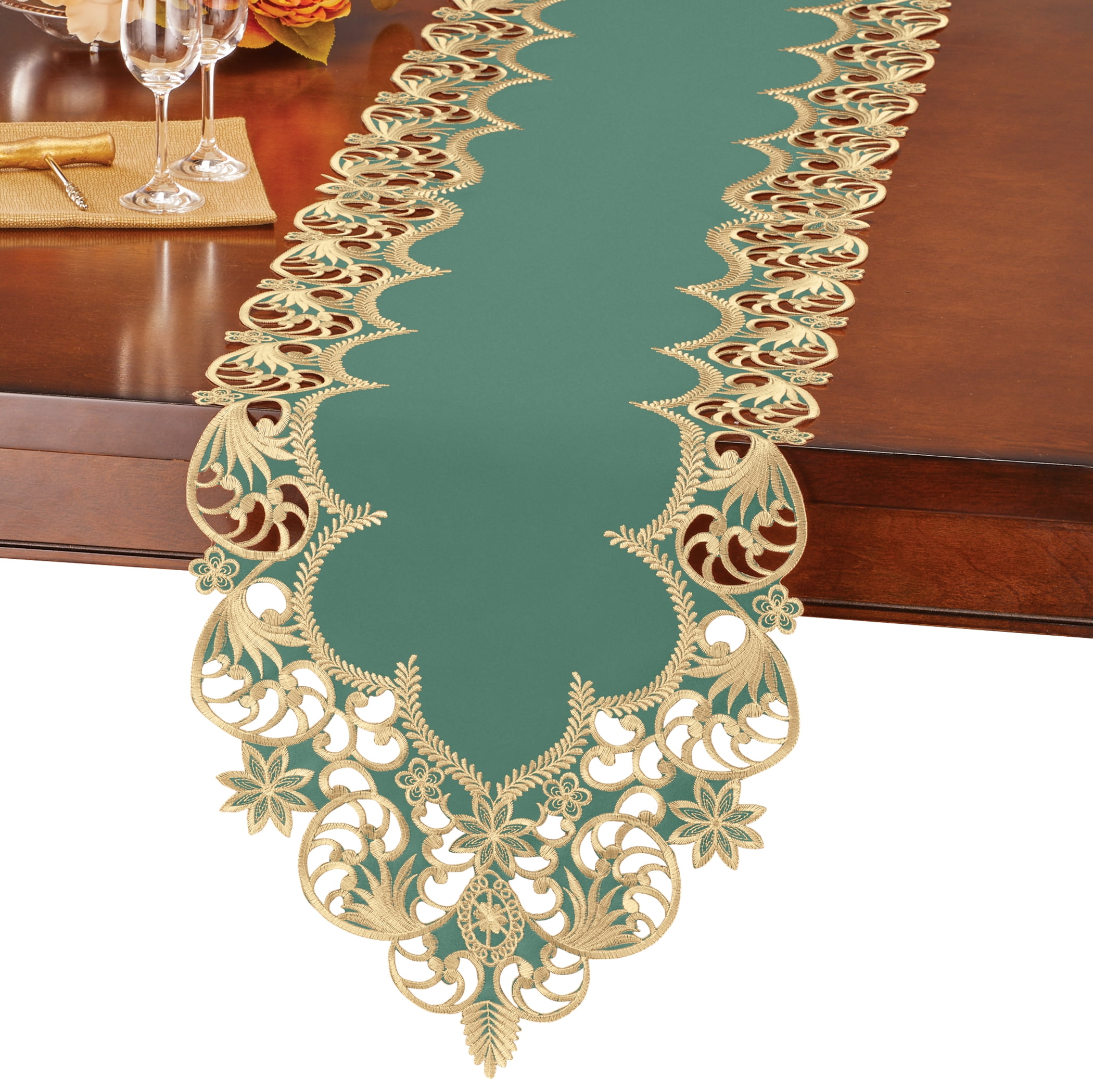 Fern Green Embroidered Polyester Table Runner with Floral Cutouts