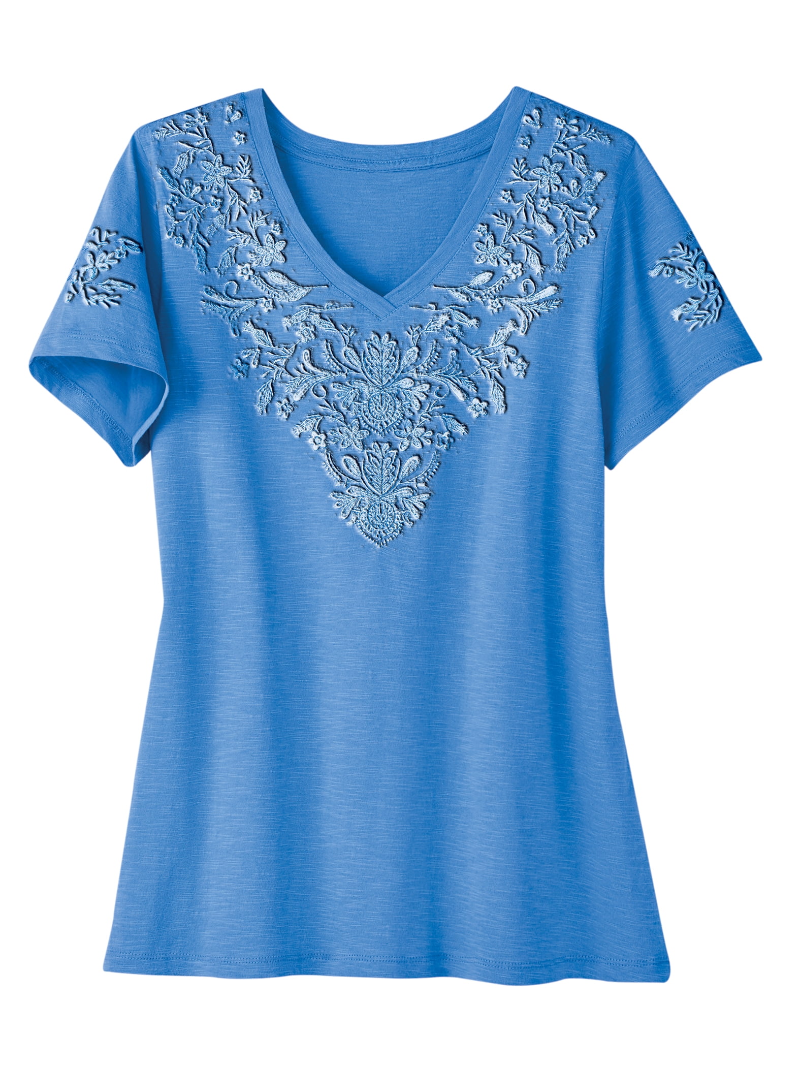 Collections Etc Embroidered Floral Short Sleeve Cotton V-Neck Tee ...