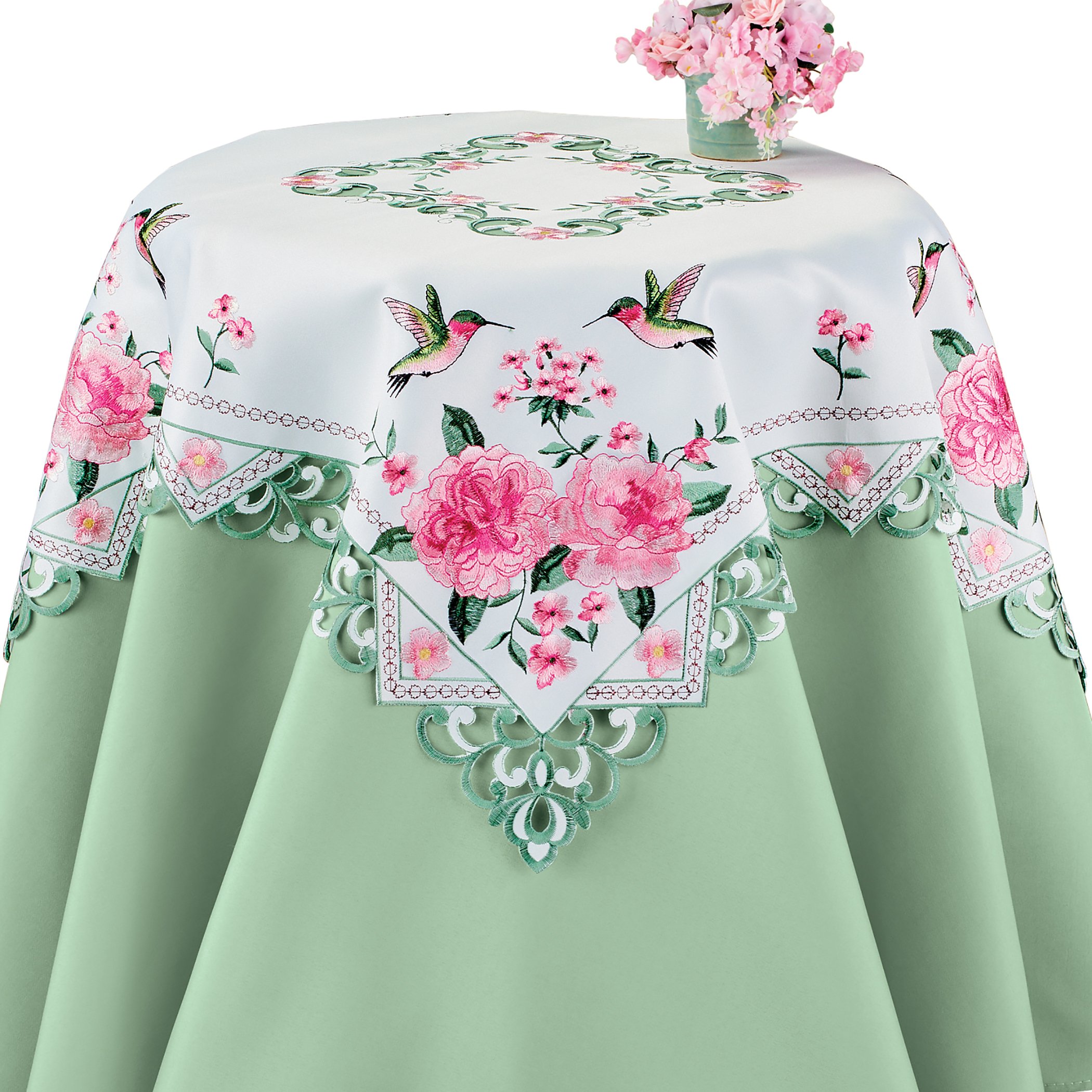 Collections Etc Embroidered Hummingbirds and Pink Roses Bliss White