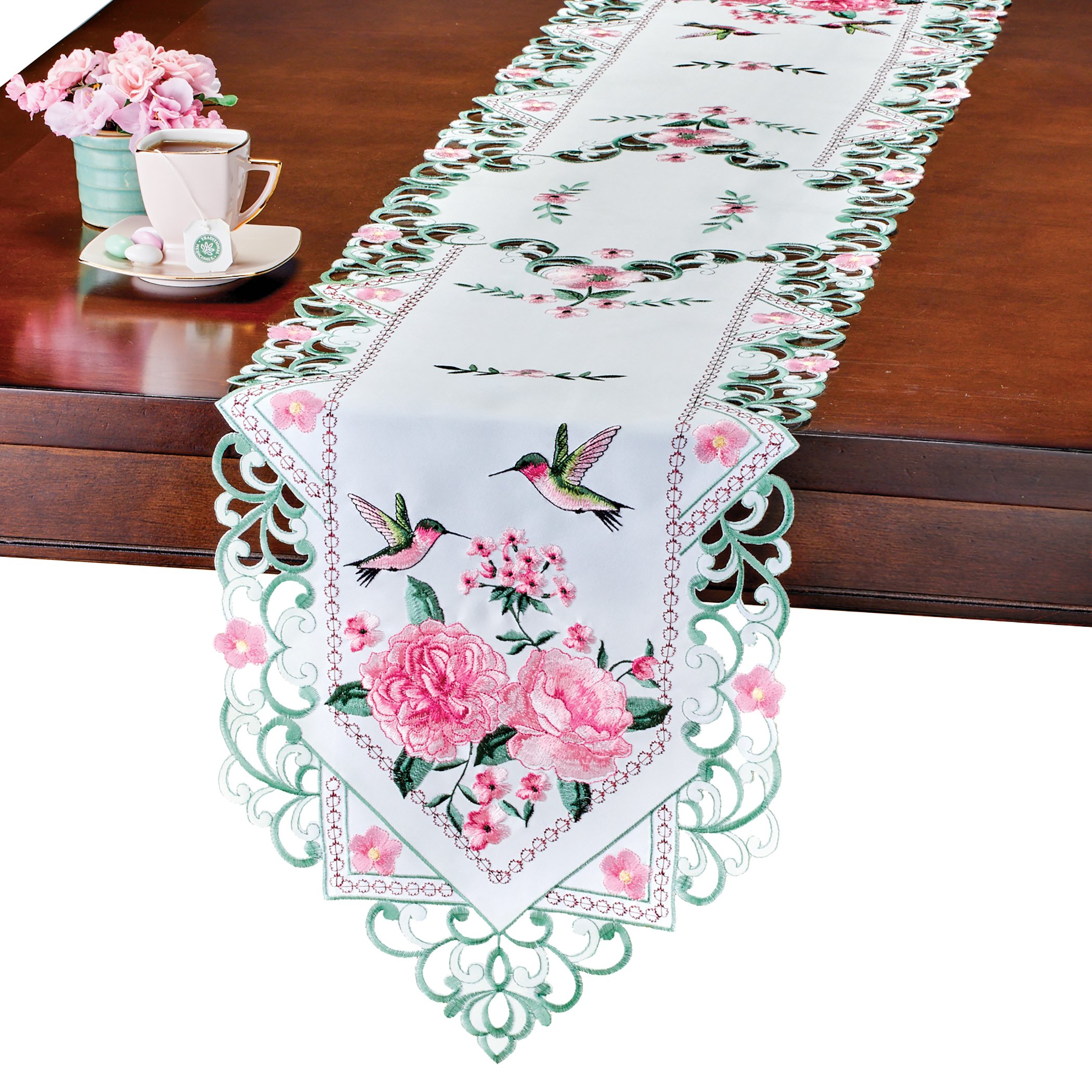 Collections Etc Embroidered Hummingbirds and Pink Roses Bliss White